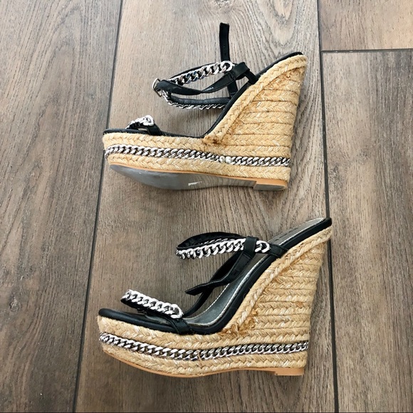 Rare BEBE Black Thea Chain Espadrille Wedges - Picture 6 of 12